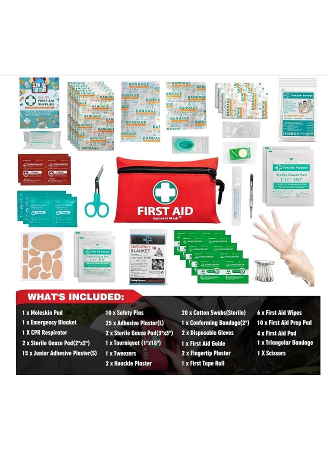 General Medi 110 Pieces Small First Aid Kit - Includes Emergency Foil Blanket, Scissors for Travel, Home, Office, Vehicle, Camping, Workplace & Outdoor (Red) - Image 2
